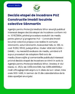 Anunț despre aprobarea unui proiect PUZ în Sânmartin județul Bihor România
