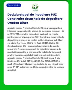 Anunț public de la APM Bihor despre o decizie în faza de construcție pentru un depozit în Oradea Jud Bihor implicând SC Gavrilen Impex SRL