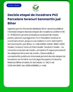Notificare de la APM Bihor cu privire la o decizie privind faza de dezvoltare PUZ pentru terenuri în Sanmartin Bihor Include detalii de contact pentru întrebări