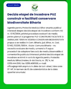 Decizie privind construirea și conservarea facilităților de biodiversitate în Biharia județul Bihor de către APM Bihor România