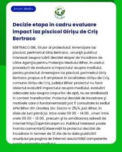 APM Bihor a primit documentația de evaluare a impactului asupra mediului depusă de GERISMEDIU pentru proiectul iaz piscicol în Girișu de Criș
