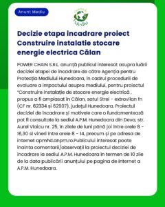 Decizie privind un proiect de instalare a unei unități de stocare a energiei electrice în Călan România implicând APM Hunedoara