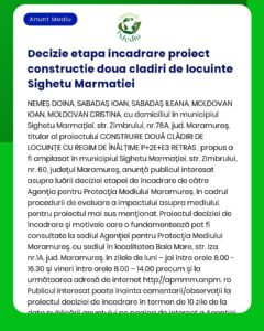Notificare despre retragerea unei decizii de proiect de construcție în Sighetu Marmației în care se detaliază numele participanților și specificul propunerii
