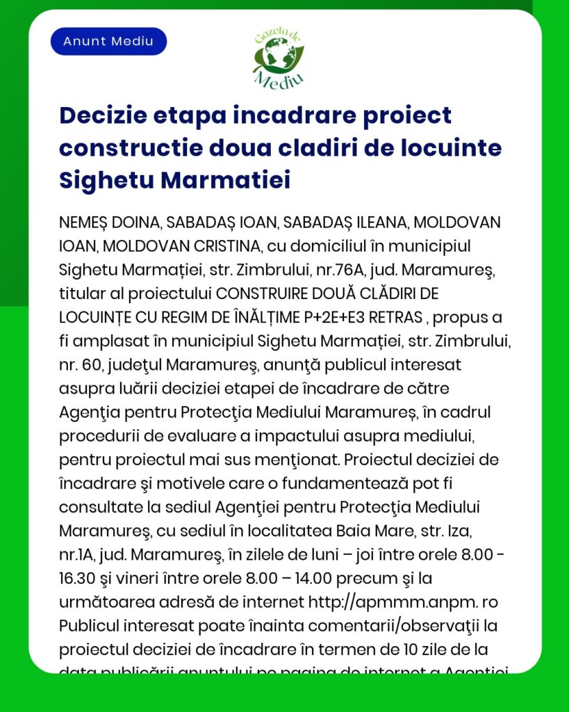 Notificare despre retragerea unei decizii de proiect de construcție în Sighetu Marmației în care se detaliază numele participanților și specificul propunerii