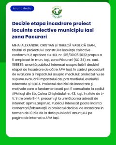 Document intitulat 'Decizie etapa incadrare proiect locuinte colective municipiu Iasi zona Pacurari' discutand evaluarea impactului asupra mediului pentru un proiect de constructie in Iasi