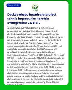 Anunț de decizie privind clasificarea proiectului Biserica Evanghelică din Sibiu detalii privind evaluarea impactului asupra mediului și numere de referință