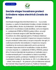Anunț despre etapele de evaluare pentru Proiectul de extindere a Rețelei Electrice Livada de Bihor de către Distribuție Energie Electrică România SA Include detalii despre proiect și anunț public