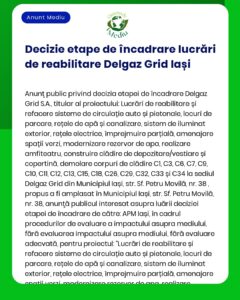 Informații despre etapele proiectului Delgaz Grid inclusiv îmbunătățirea infrastructurii și cerințele de autorizare afișate pe un document cu sigla verde și albă