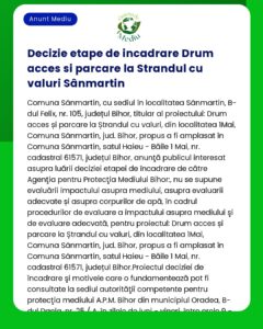 APM anunță luarea deciziei etapei de încadrare pentru proiectul ce propune amenajarea parcării și a căilor de acces la plaja Sânmartin fără impact semnificativ asupra mediului