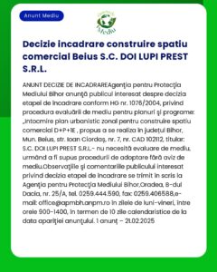 Un document prin care se detaliază o decizie privind spațiul de construcție Beius SCDOI LUPI PREST SRL emis de Agenția pentru Protecția Mediului Bihor