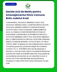 Decizie Aviz de Mediu pentru Amenajamentul Silvic Comuna Beliu Judetul