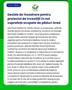 Decizie de încadrare pentru proiectul de investiții în noi suprafețe o