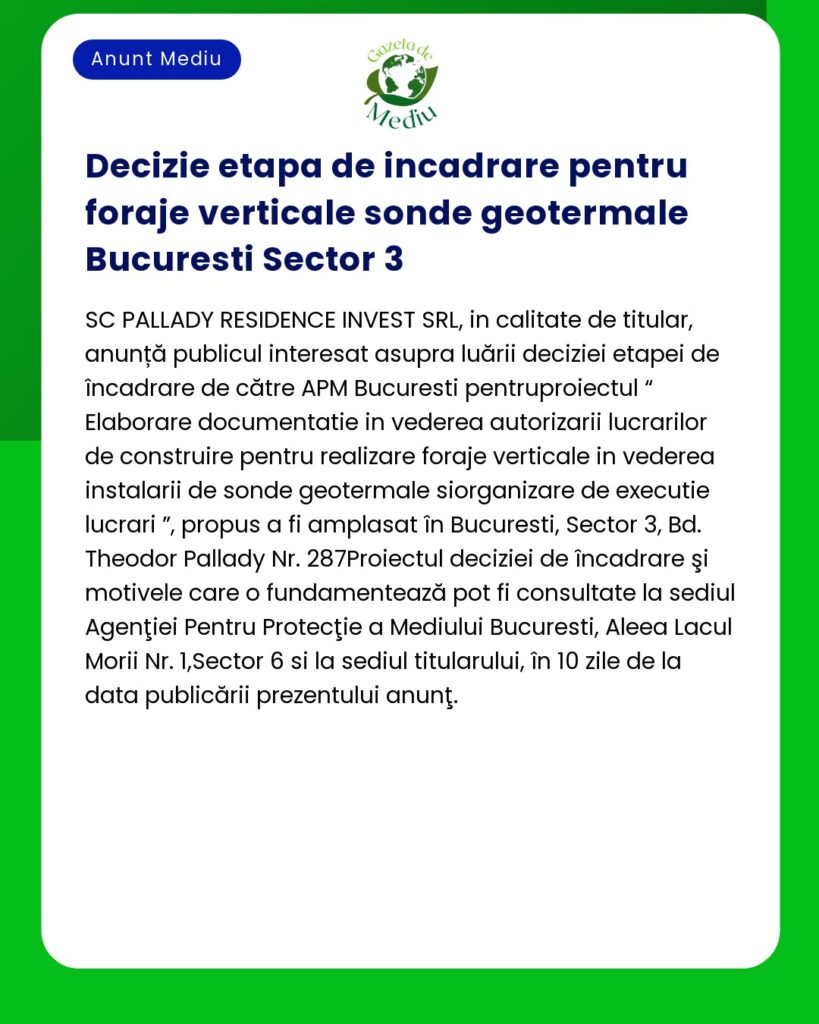 Decizie etapa de incadrare pentru foraje verticale sonde geotermale Bu