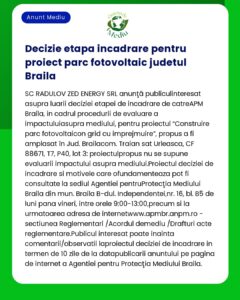 Decizie etapa incadrare pentru proiect parc fotovoltaic judetul Braila