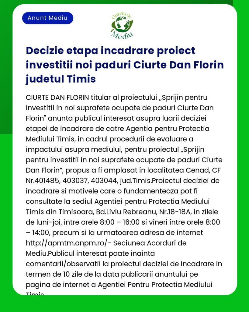 Decizie etapa incadrare proiect investitii noi paduri Ciurte Dan Flori