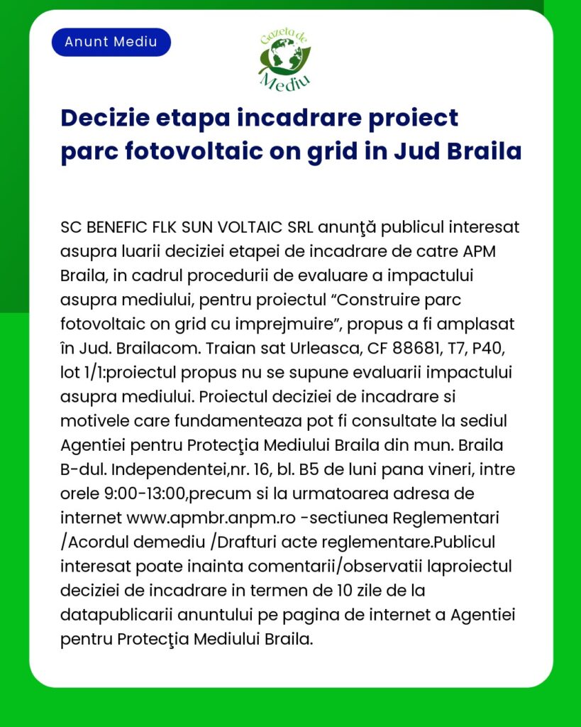 Decizie etapa incadrare proiect parc fotovoltaic on grid in Jud Braila