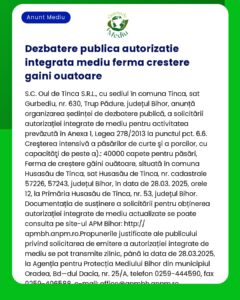 Anuntul dezbaterii autorizatiei publice de mediu pentru activitati de ferma avicultura la SCOul de Tinca SRL în comuna Tinca programată pentru 28 decembrie 2023 în județul Bihor România