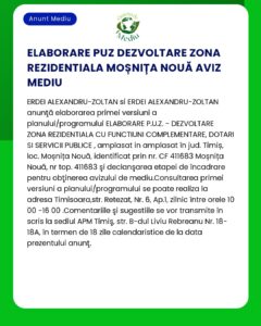 Anunț informativ despre dezvoltarea rezidențială în Moșnița Nouă județul Timiș detalierea procesului și implicarea comunității pentru feedback de mediu