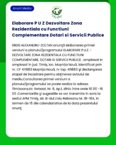 Anunț de consultare publică asupra unui plan de dezvoltare rezidențială în Moșnița Nouă județul Timiș