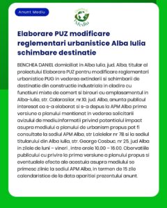 Aviz privind modificarea regulamentului de urbanism și schimbarea destinației clădirii pentru Alba Iulia Oferă detalii despre accesul publicului la proiect la Agenția pentru Protecția Mediului Alba