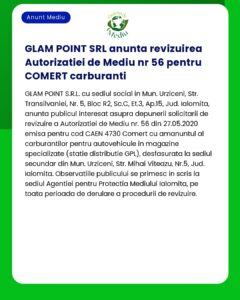 O solicitare de revizuire a autorizației de afaceri cu combustibil de către GLAM POINT SRL inclusiv informații de contact și detalii despre achiziție și locație