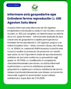 Avis privind aprobarea gestionării apelor pentru extinderea fermei piscicole în Olti Agoston Satu Mare România Includeți detalii cadastrale și informații de conformitate Date 27012025
