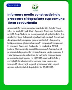 Informare mediu privind construirea facilităților de procesare și depozitare ouă în Comuna Tinca județul Bihor Informații despre locație operator și avize necesare