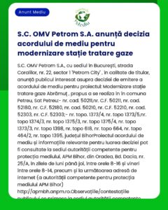 APM a emis acord de mediu pentru proiectul Modernizarea stației de tratare gaze Abrămuț propus de OMV Petrom SA