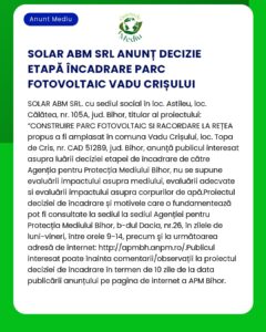 Aviz privind construirea unui parc fotovoltaic in Topa de Cris Bihor Romania