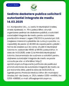 Întâlnire privind autorizarea de mediu programată pentru 14 martie 2025 legată de extinderea fermelor avicole în Oradea și Salonta