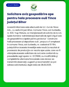 Anunț cu chenar verde detaliind o solicitare de aprobare de mediu legată de un proiect de unitate de procesare ouă în Tinca județul Bihor
