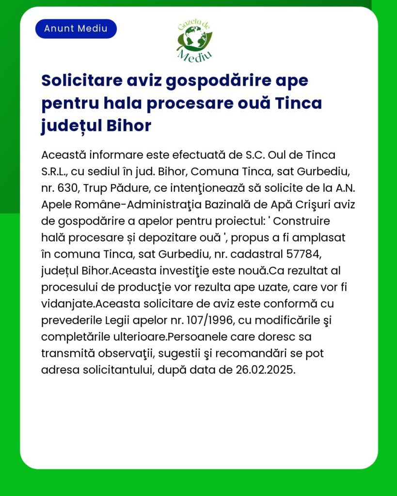 Anunț cu chenar verde detaliind o solicitare de aprobare de mediu legată de un proiect de unitate de procesare ouă în Tinca județul Bihor