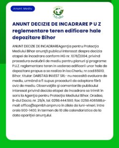 Un anunț în limba română privind reglementările de mediu pentru un sit propus în Leș Bihor de către DARSTASI INVEST SRL specificând că nu este necesar o evaluare a impactului asupra mediului