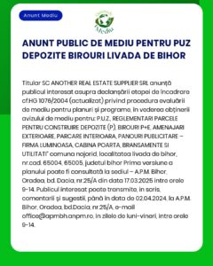 Anunț public în limba română despre o evaluare de mediu pentru un proiect din Bihor incluzând detalii despre diverse facilități precum birouri parcare și panouri publicitare