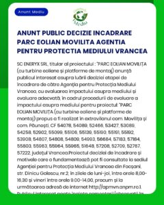 Anunț de luare a deciziei asupra evaluării impactului asupra mediului pentru proiectul Parc Eolian Movilița