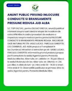 Anunț public privind înlocuirea conductelor de joasă presiune în județul Alba care detaliază locațiile proiectelor și aprobările autorităților relevante inclusiv detalii topografice și referințe