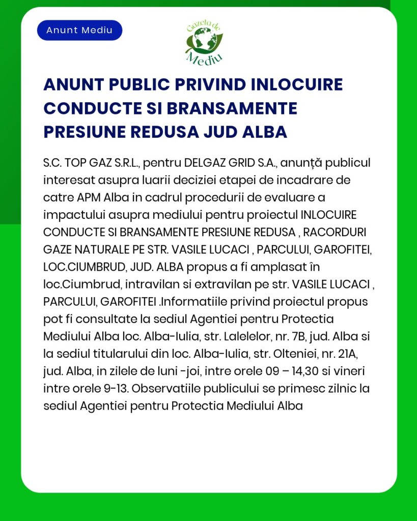 Anunț public privind înlocuirea conductelor de joasă presiune în județul Alba care detaliază locațiile proiectelor și aprobările autorităților relevante inclusiv detalii topografice și referințe