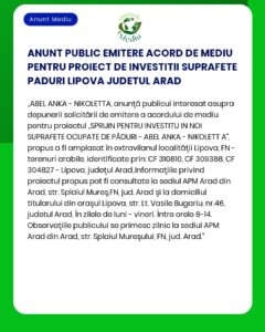 ANUNT PUBLIC EMITERE ACORD DE MEDIU PENTRU PROIECT DE INVESTITII SUPRA