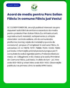 Acord de mediu pentru înființarea unui parc eolian în Fălciu Vaslui Include detalii despre infrastructură instalare și informații de contact