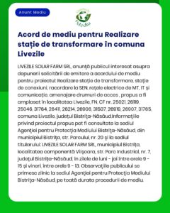 Anunț despre un acord de mediu pentru un proiect de stație de transformare în comuna Livezile care detaliază domeniul de aplicare al proiectului locația și organizațiile participante în limba română