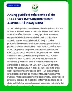 Anunț public privind evaluarea impactului asupra mediului pentru dezvoltarea terenurilor agricole cu detalii despre proiect și informații de contact
