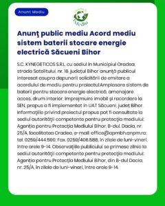 Anunț public din Oradea despre un proiect de sistem de stocare a bateriilor la Săcueni Bihor