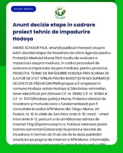 Decizie privind emiterea acordului de mediu pentru proiectul 'Amenajament silvic UP IV Hodoșa' documentația este disponibilă la sediul APM