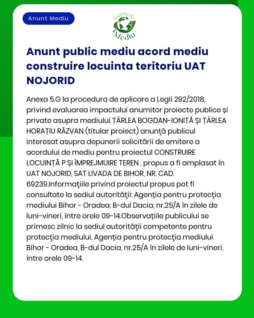 Anunț privind acordul public de mediu pentru construcția în UAT Nojorid cu detalii despre procedura de aplicare locație și informații de contact