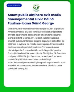 Proiect de dezvoltare silvică privată în Suceava anunț privind obținerea acordului de mediu