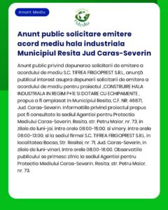 Anunț privind solicitarea autorizației de mediu pentru un depozit industrial în Reșița Caraș-Severin