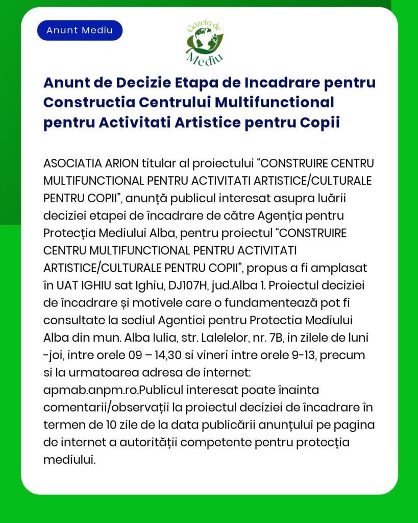 Anunt de Decizie Etapa de Incadrare pentru Constructia Centrului Multi