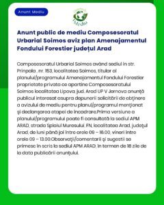 Anunt public de mediu Composesoratul Urbarial Soimos aviz plan Amenaja