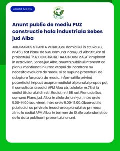 Anunt public de mediu PUZ constructie hala industriala Sebes jud Alba