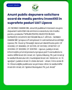 Anunt public depunere solicitare acord de mediu pentru investitii in s